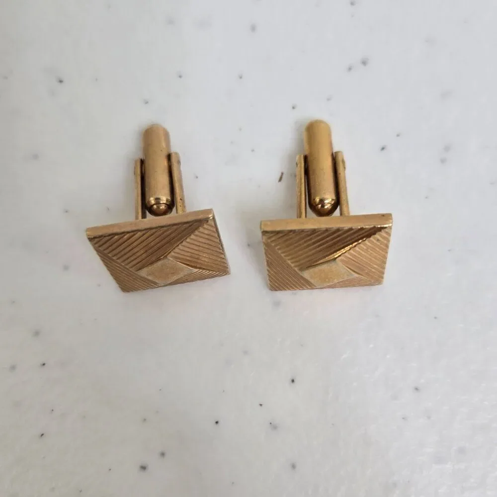 Hickok Cufflinks Gold Tone Geometric Square Stripe Vintage MCM Art Deco Look